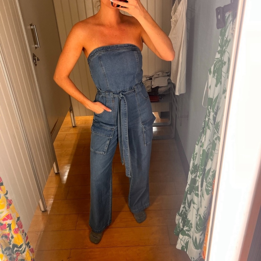 Strapless Blue Denim Utility Jumpsuit MEDIUM